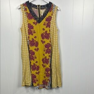 Matilda Jane Women’s Dress XL Navy Gold Back Zip Sleeveless Stripes Floral Boho